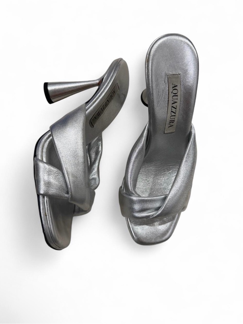 Aquazzura Amore Mules Metallic Silver Sz 38